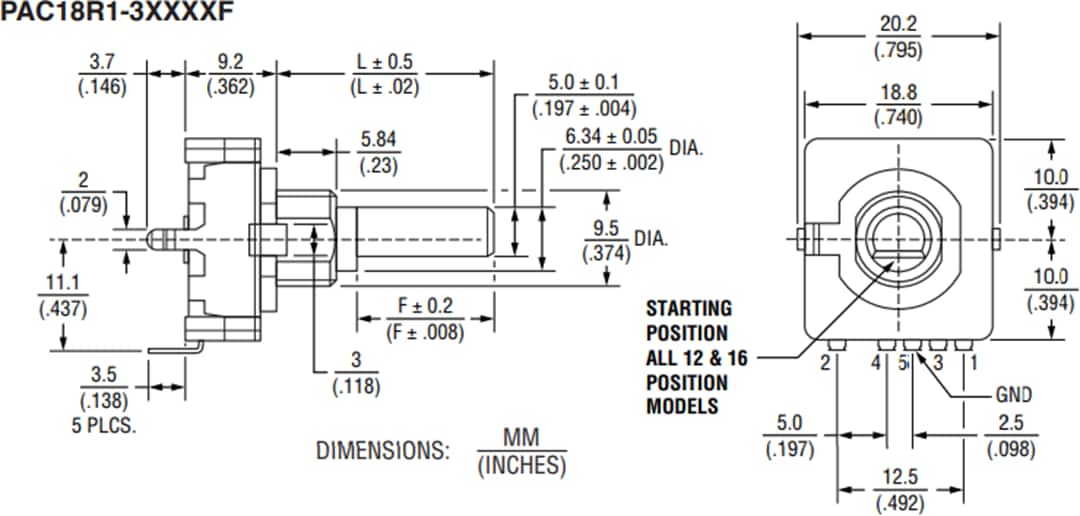 機械図面 - Bourns PAC18R 18mm低背絶対エンコーダ
