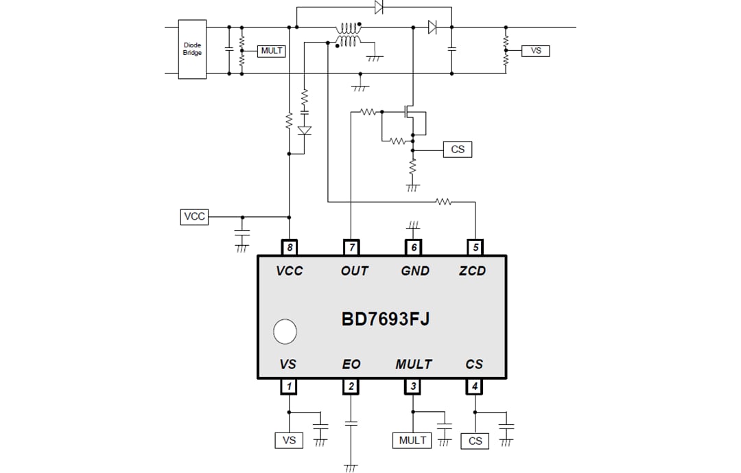 アプリケーション回路図 - ROHM Semiconductor BD7693FJ力率補正コントローラ