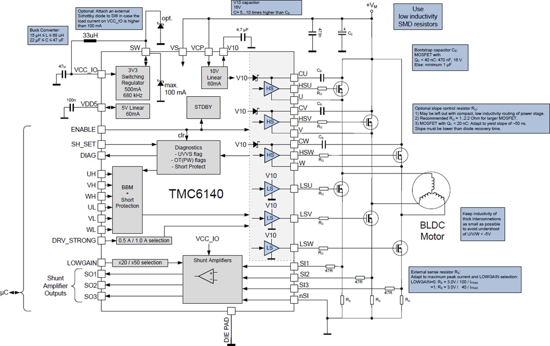 アプリケーション回路図 - Analog Devices / Maxim Integrated TMC6140-LA 3相 BLDC MOSFETゲート・ドライバ