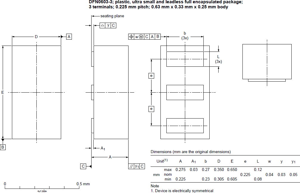 機械図面 - Nexperia TrEOSコンパクト2-in-1 ESD保護装置
