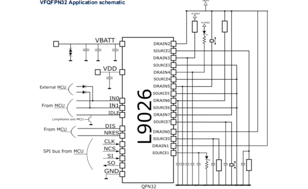 アプリケーション回路図 - STMicroelectronics L9026マルチチャンネル・リレードライバ