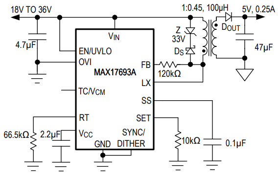 Analog Devices / Maxim Integrated MAX17693非光学・絶縁フライバックコンバータ