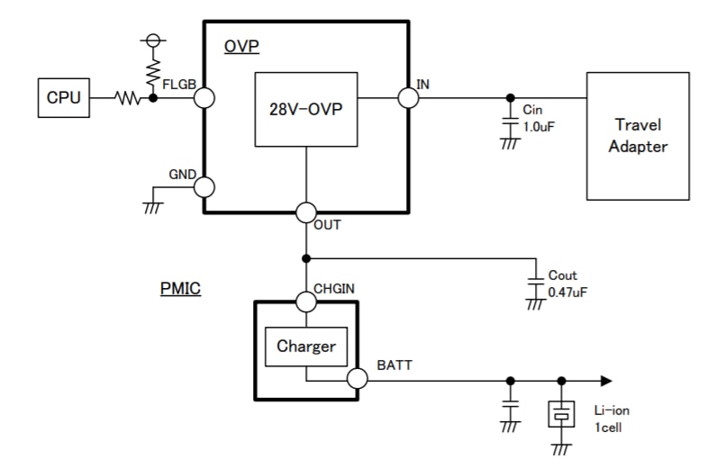 アプリケーション回路図 - ROHM Semiconductor BD6047AGUL-E2充電保護IC