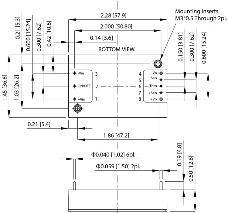 機械図面 - CUI Inc PVQ100W-D絶縁型DC/DCコンバータ