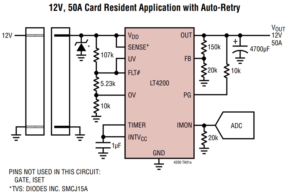 アプリケーション回路図 - Analog Devices Inc. LT4200 50AホットスワップEヒューズ