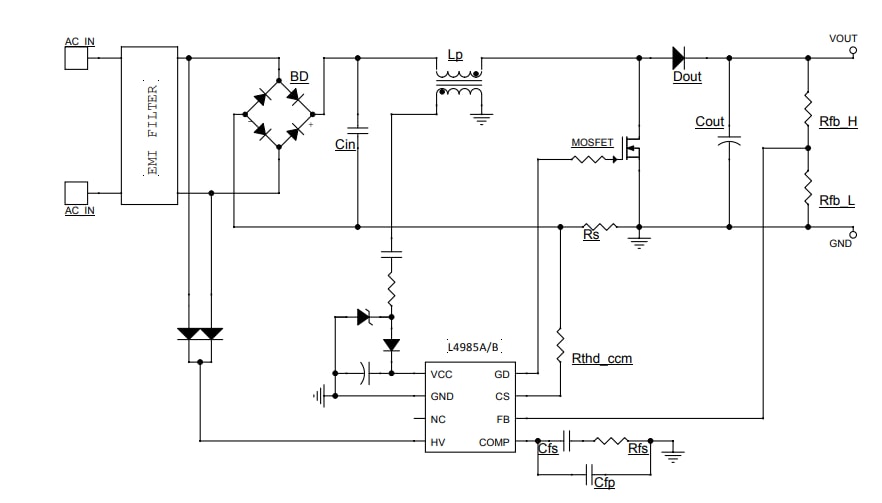 アプリケーション回路図 - STMicroelectronics L4985 CCM PFCコントローラ