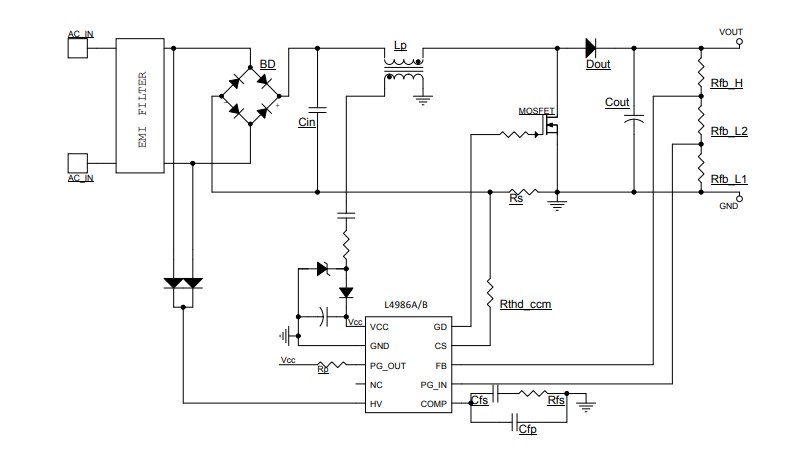 アプリケーション回路図 - STMicroelectronics L4986 CCM PFCコントローラ