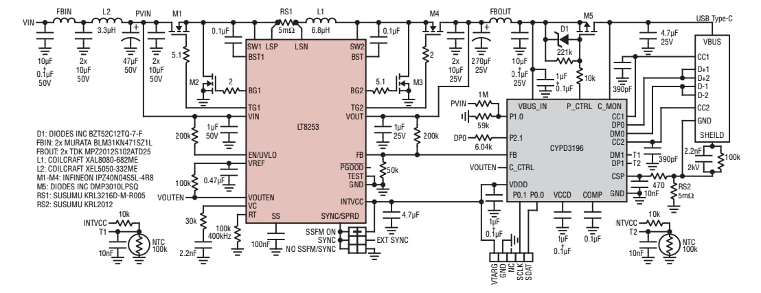 アプリケーション回路図 - Analog Devices Inc. LT8253/LT8253A USB Type-C™バックブーストコントローラ