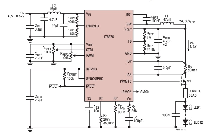 アプリケーション回路図 - Analog Devices Inc. LT8376同期降圧LEDドライバ