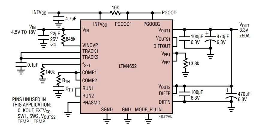 アプリケーション回路図 - Analog Devices Inc. LTM4652 µModule®レギュレータ