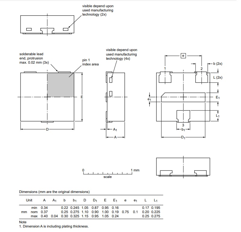 機械図面 - Nexperia SOT1215表面実装パッケージ製品