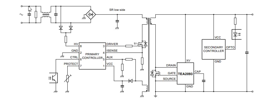 アプリケーション回路図 - NXP Semiconductors TEA2093TS GreenChip同期整流器コントローラ