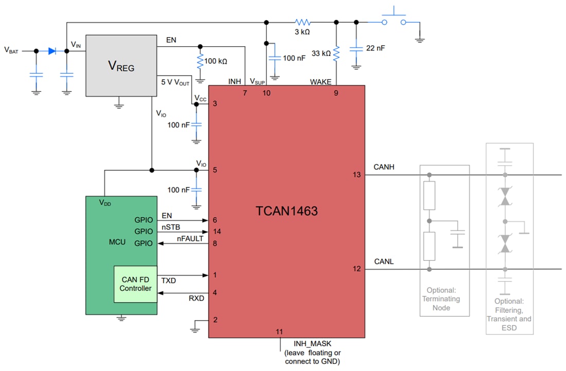 回路図 - Texas Instruments TCAN1463-Q1高速CAN FDトランシーバ