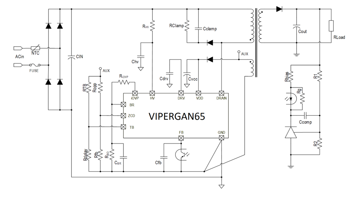 アプリケーション回路図 - STMicroelectronics VIPERGAN65高電圧コンバータ