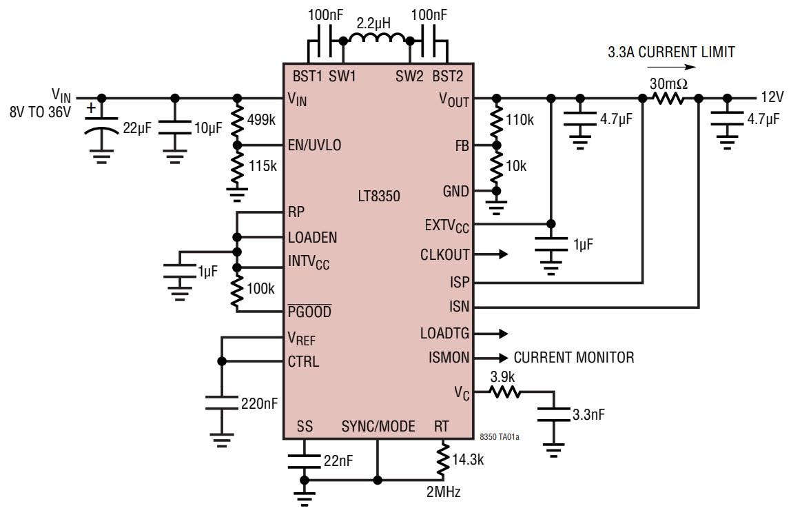 アプリケーション回路図 - Analog Devices Inc. LT8350/LT8350S同期昇降圧コンバータ