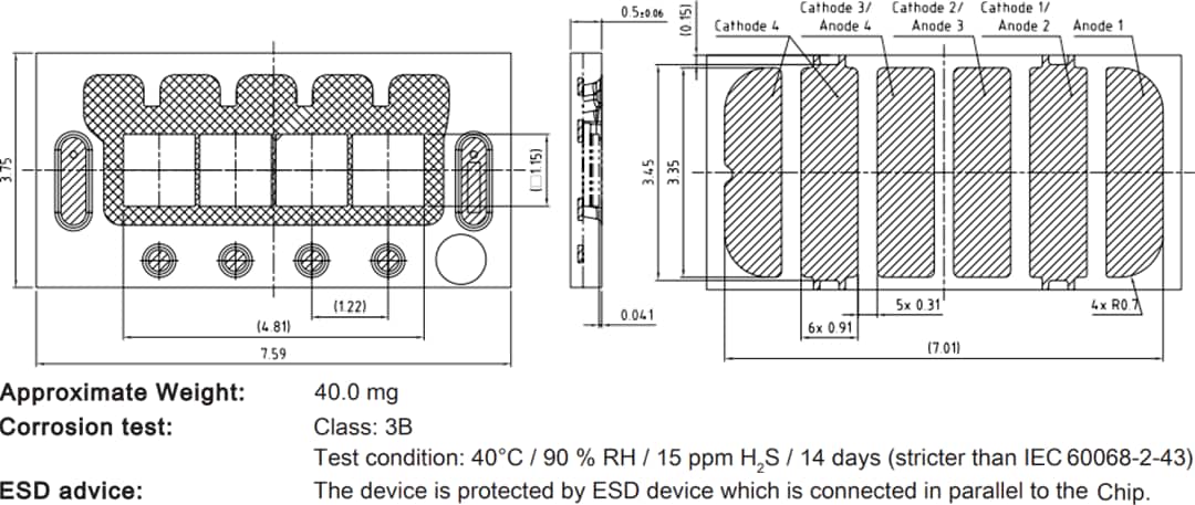 機械図面 - ams OSRAM OSLON®ブラックフラットx KW4 HPL631.TK LED（4チップ）