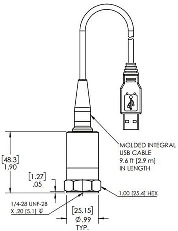 機械図面 - The Modal Shop 333シリーズ Digiducer®USB デジタル加速度計