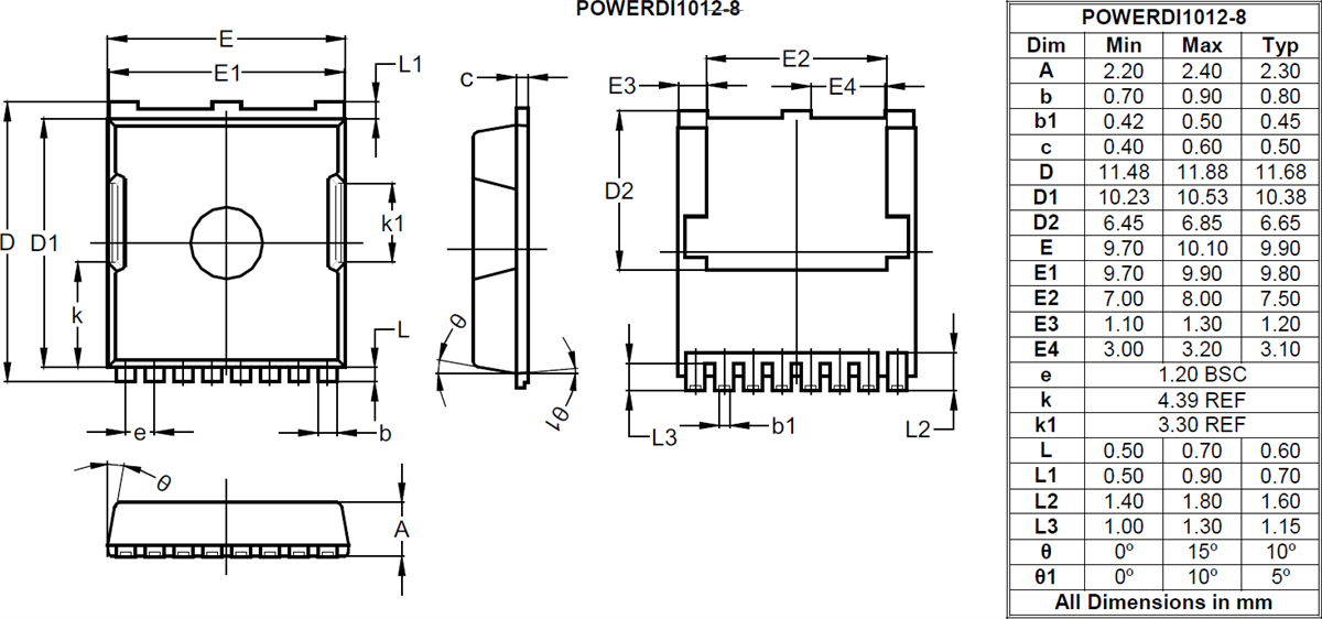 機械図面 - Diodes Incorporated DMTH8001STLWQ車載用エンハンスメントモードMOSFET
