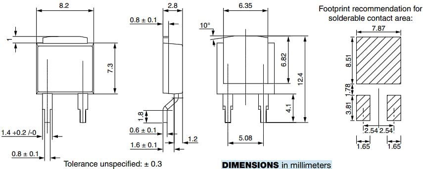 機械図面 - Vishay / Sfernice DTO25およびDTO35表面実装電力抵抗器