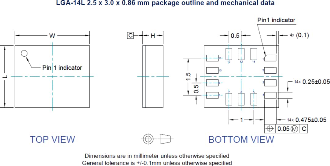 機械図面 - STMicroelectronics ASM330LHHX Auto 6軸MLコア慣性モジュール