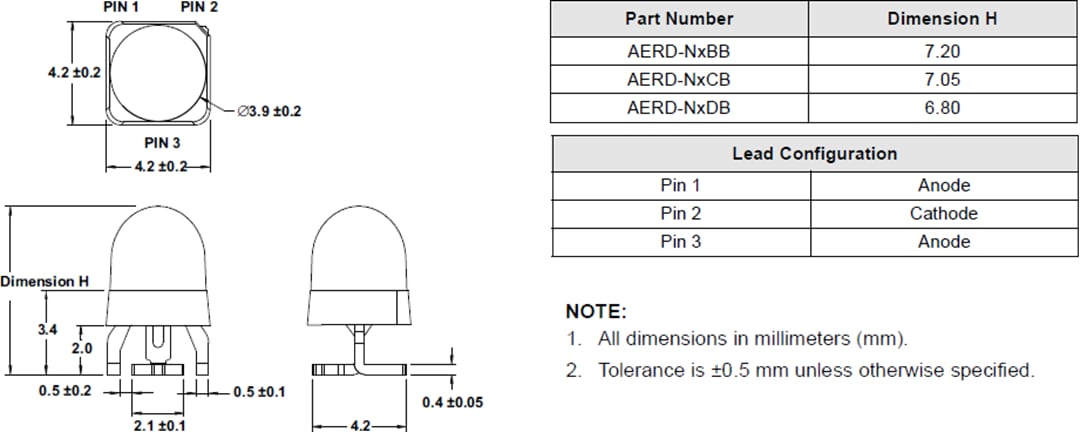 機械図面 - Broadcom AERD-NxxB赤外線SMT丸型ランプ