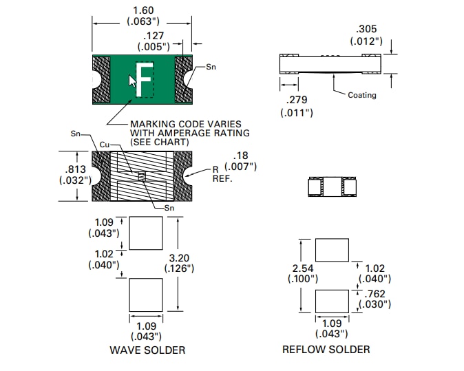 機械図面 - Littelfuse 494シリーズ表面実装ヒューズ