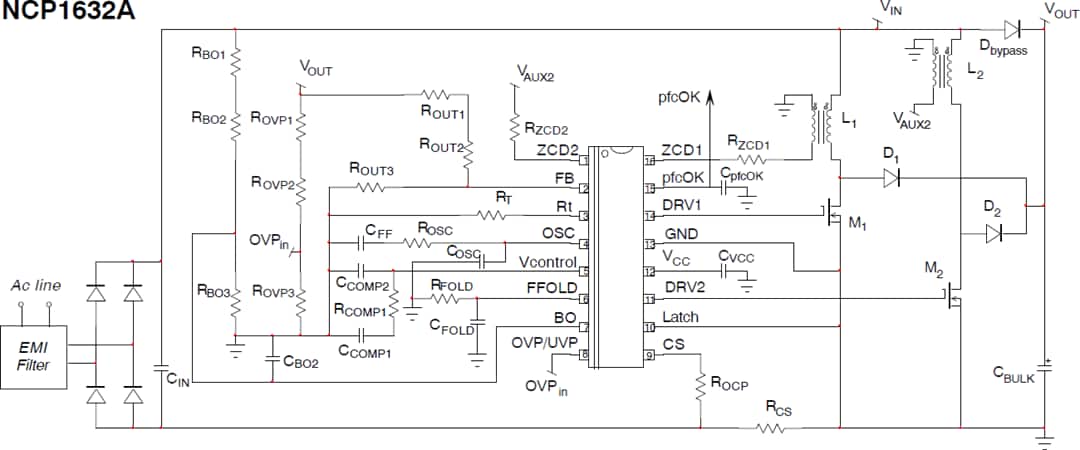 アプリケーション回路図 - onsemi NCP1632A CrM力率コントローラ、インターリーブ