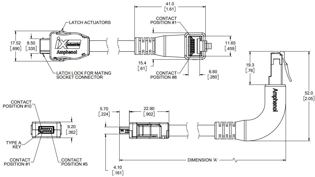 機械図面 - Amphenol Communications Solutions ND9シリーズix産業用イーサネットケーブル