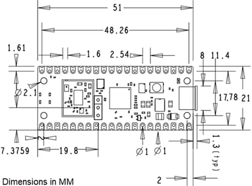 機械図面 - Raspberry Pi Pico/Pico H/Pico W RP2040搭載MCUボード