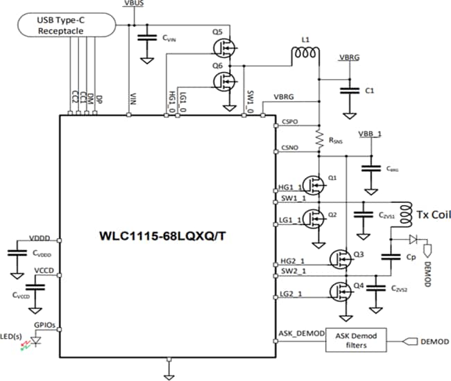 アプリケーション回路図 - Infineon Technologies WLC1115ワイヤレス充電送信機