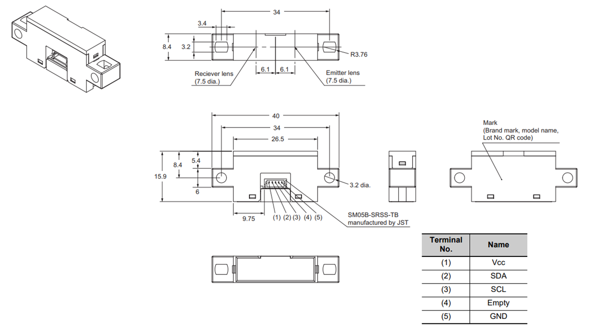 機械図面 - Omron Electronics B5WC カラーセンサ