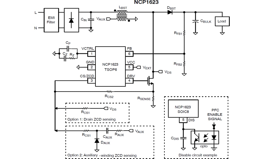 アプリケーション回路図 - onsemi NCP1623 CrM力率コントローラ