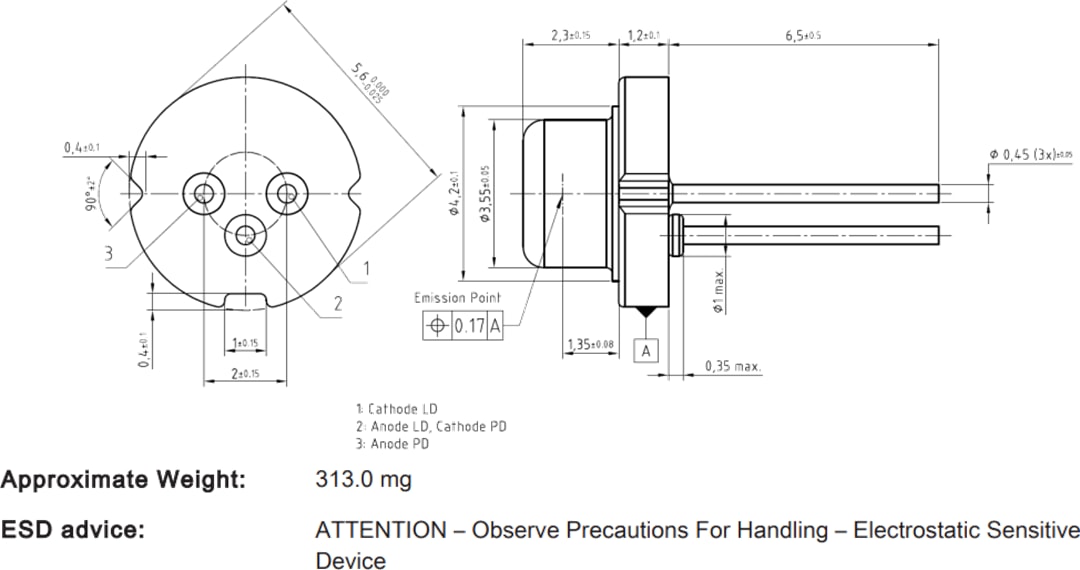 機械図面 - ams OSRAM Metal Can® TO56 PLT5 522FA_P 緑色レーザーダイオード