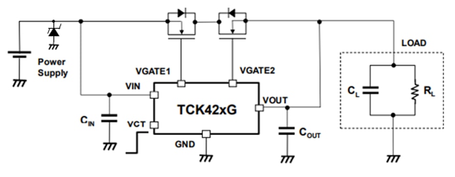 アプリケーション回路図 - Toshiba ゲートドライバ + MOSFET（5V～24VラインパワーMUX用）