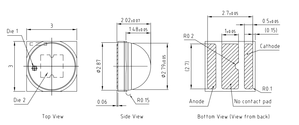 機械図面 - ams OSRAM OSLON®スクエアGW CSSRM3。EMハイパワーLED