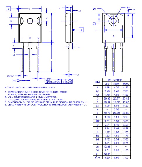 機械図面 - onsemi FGHL50T65MQDTxフィールド・ストップ・トレンチIGBT