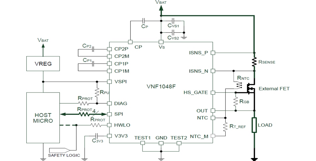 アプリケーション回路図 - STMicroelectronics VNF1048F自動車用ハイサイド・スイッチ・コントローラ