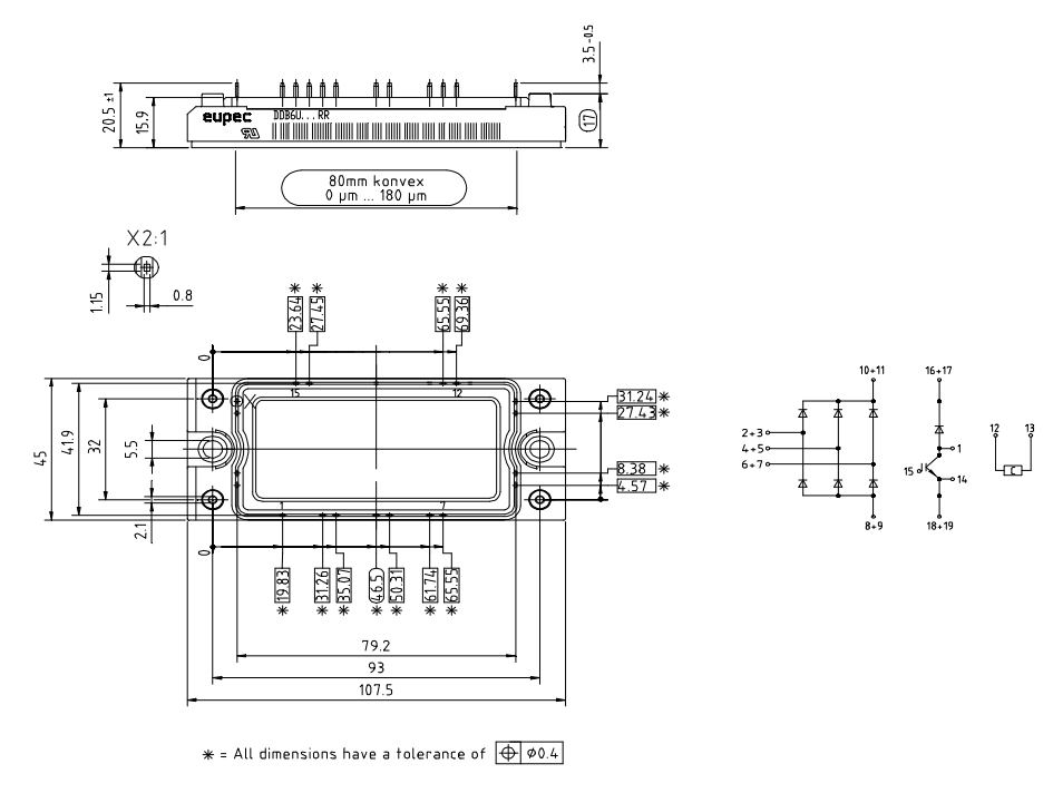機械図面 - Infineon Technologies DDB6U134N16RR IGBTシリコンモジュール