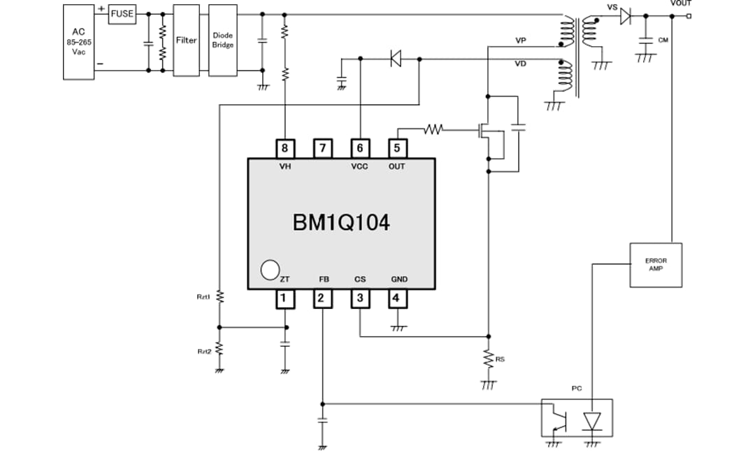アプリケーション回路図 - ROHM Semiconductor BM1Q104FJ擬似共振制御DC/DCコンバータ
