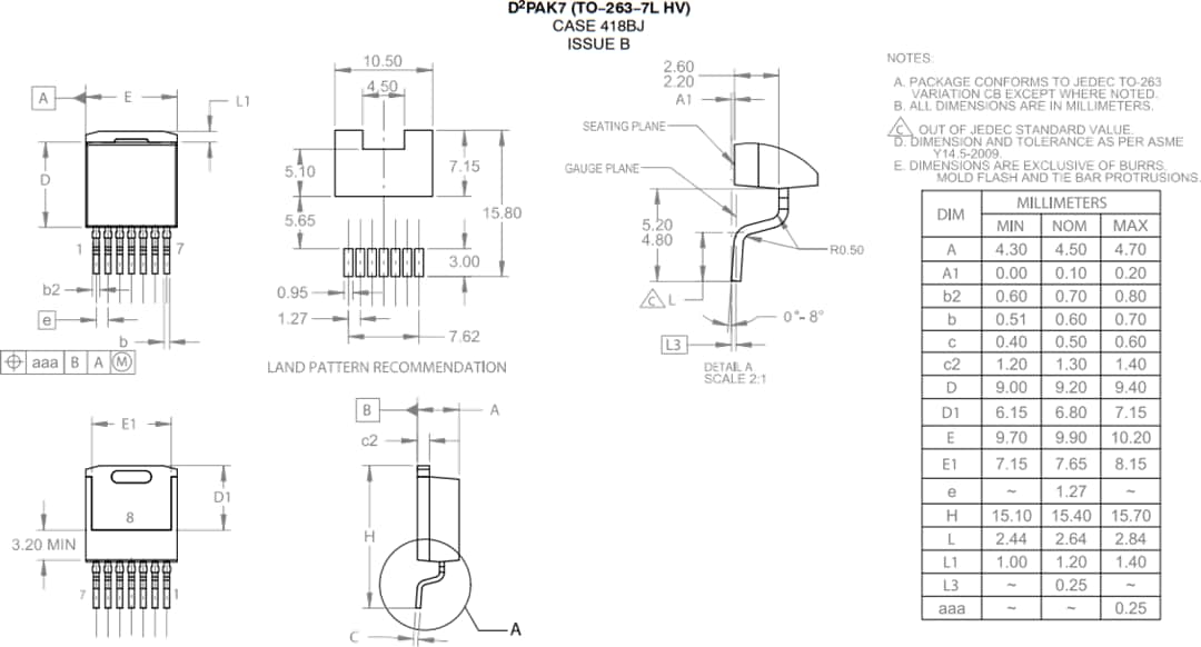 機械図面 - onsemi NTBG022N120M3S 1200V M3SシリーズSiC MOSFET