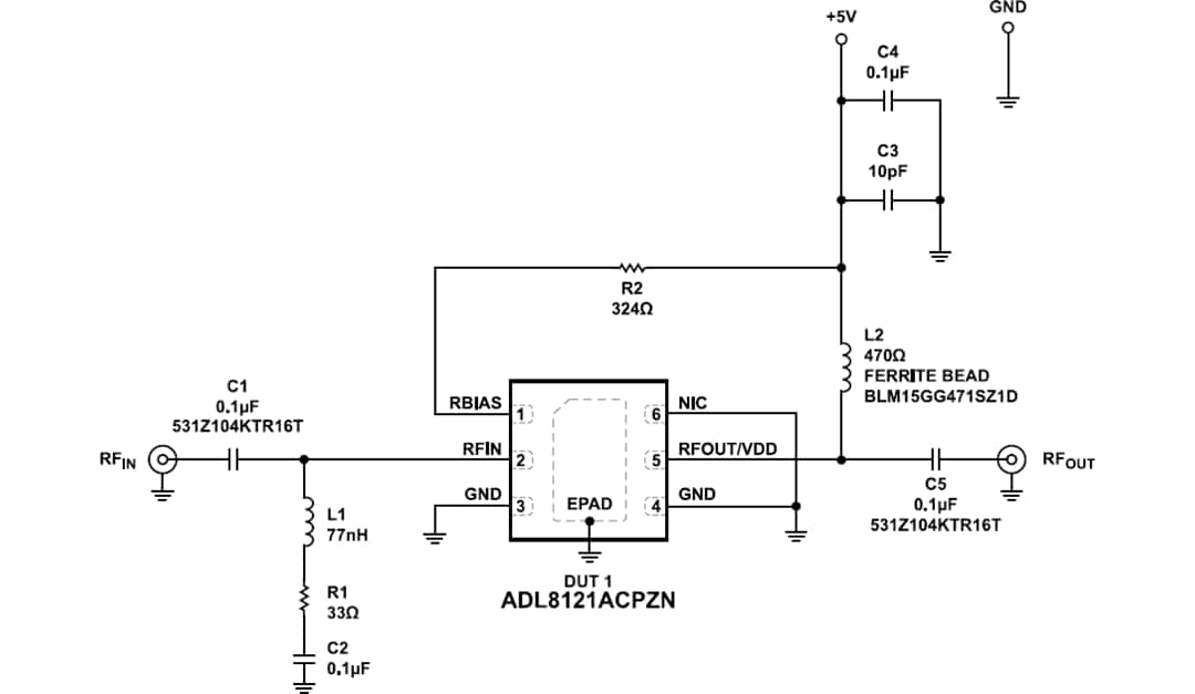 アプリケーション回路図 - Analog Devices Inc. ADL8121 GaAs pHEMT MMIC低ノイズアンプ