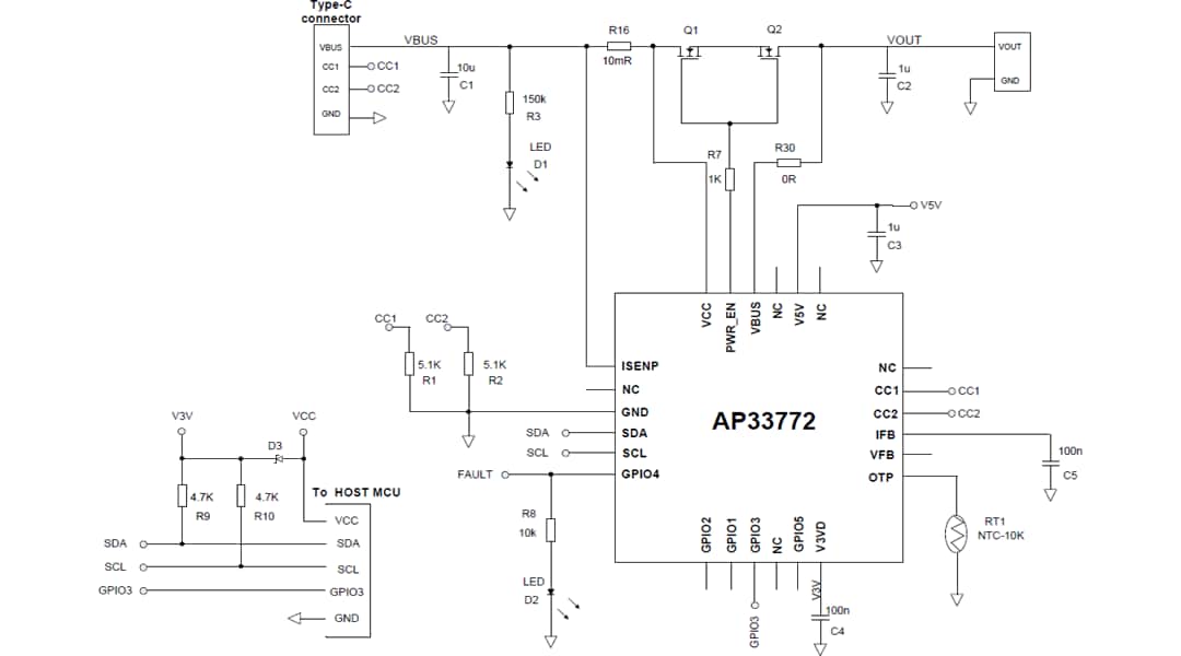 アプリケーション回路図 - Diodes Incorporated AP33772 USB Type-C™ PDシンクコントローラ