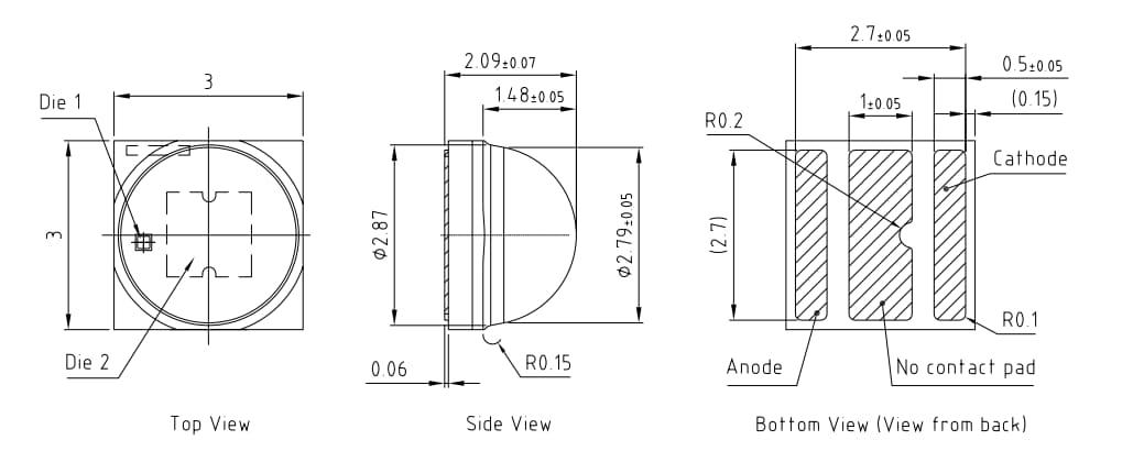 機械図面 - ams OSRAM OSLON®スクエアGW CSSRM3PM高出力LED