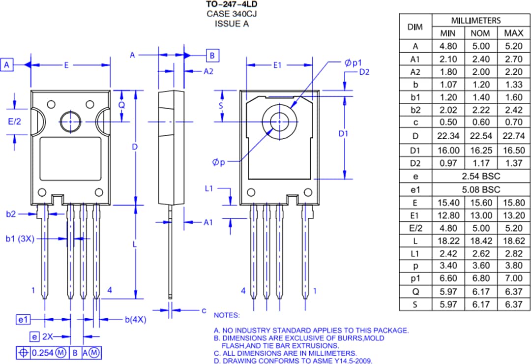機械図面 - onsemi NTH4L028N170M1 1700V EliteSiC MOSFET