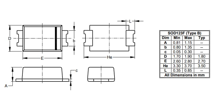 機械図面 - Diodes Incorporated S1MSWFM & S1MSWFMQ標準リカバリ整流器