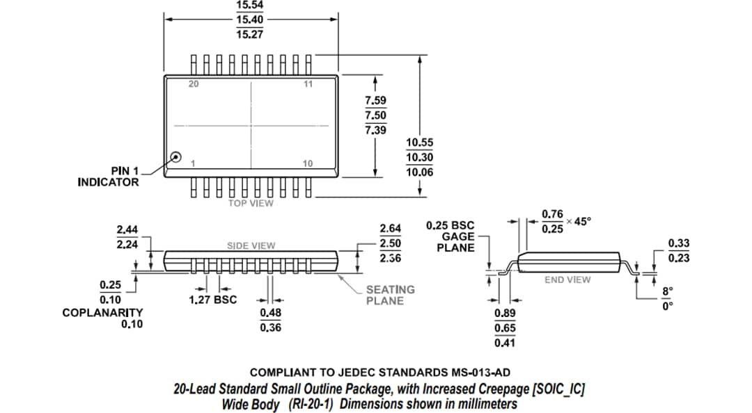 機械図面 - Analog Devices Inc. ADuM4165 & ADuM4166 USB 2.0ポート型アイソレータ