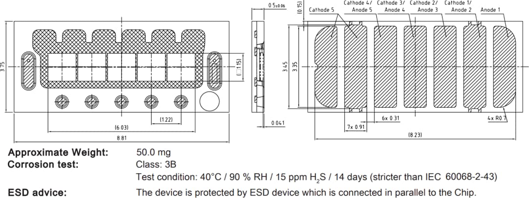 機械図面 - ams OSRAM OSLON®ブラックフラットx KW5 HQL631.TK LED（5チップ）