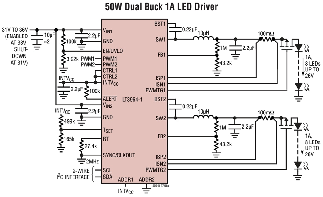 アプリケーション回路図 - Analog Devices Inc. LT3964-1同期2AバックLEDドライバ
