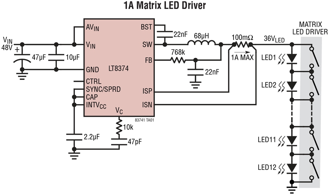 アプリケーション回路図 - Analog Devices Inc. LT8374 同期整流式降圧LEDドライバ
