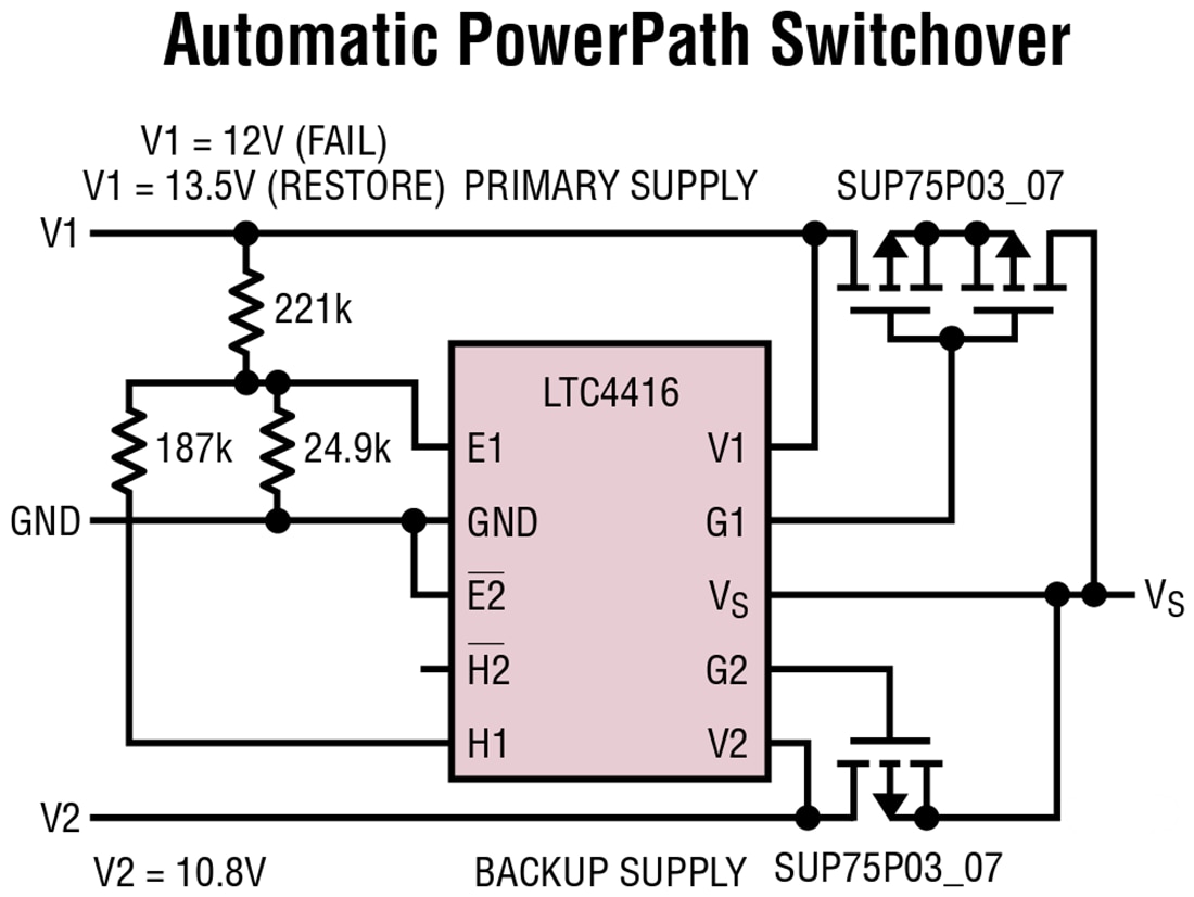 アプリケーション回路図 - Analog Devices Inc. LTC4416/LTC4416-1デュアルPowerPath™コントローラ